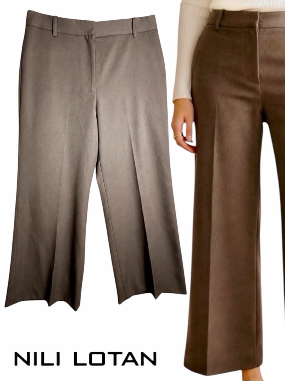 Nili‎ Lotan Corette Wool Wide Leg Cropped Pants Brown 10